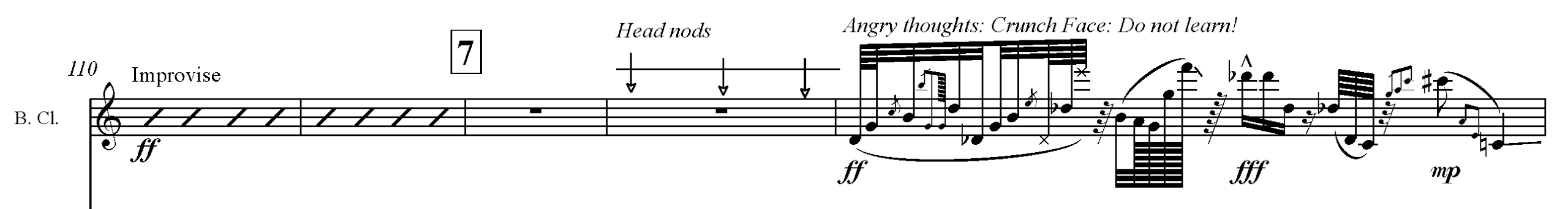 Image of a line from sheet music showing both the musical notes and the facial expressions to be used in performance of the piece