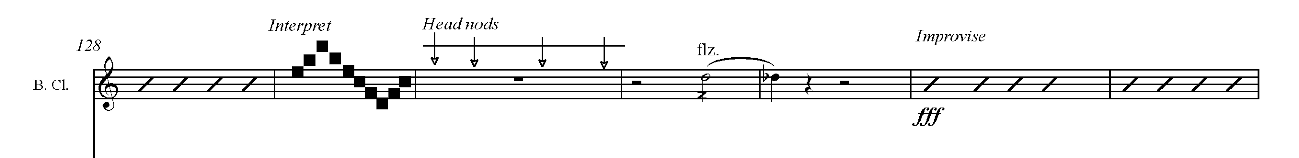 Image of a line from sheet music showing areas where the musician is free to interpret and improvise during performance of the piece