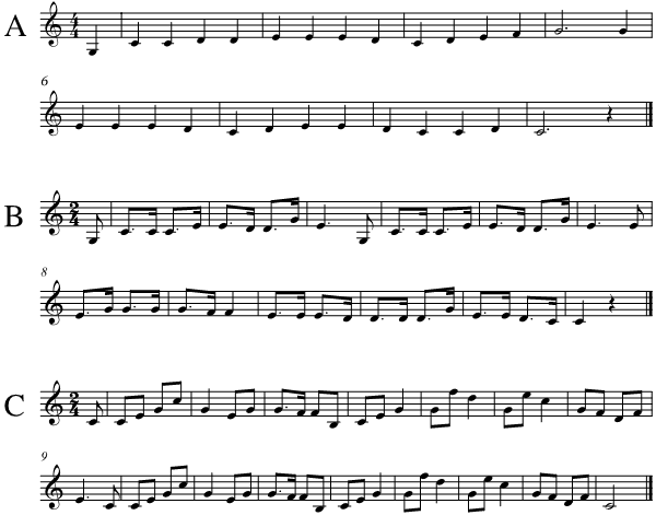 Image showing staff notation for three sample melodies of varying length, labelled A, B, and C