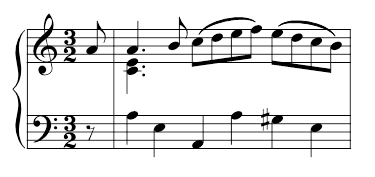 Musical notation showing one bar of notes with bass and treble clef