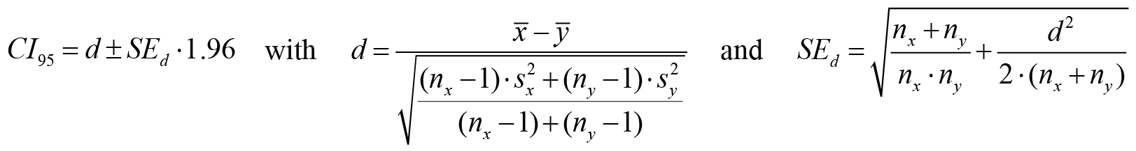 Equations for the confidence interval of effect size d, d, and the standard error of d. More description above.
