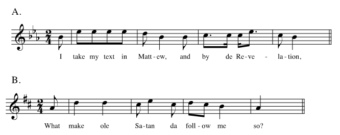 Two phrases from Slave Songs of the United States. More description below.
