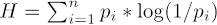 Image showing the equation: capital H equals sigma superscript n subscript i equals 1 lower case p subscript i asterisk log parentheses 1 over lower case p subscript i close parentheses
