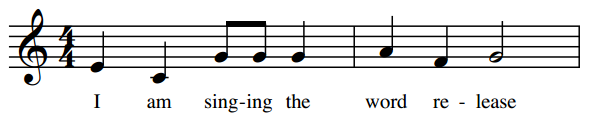 Example of an iambic word, release, that is aligned with the music's metric stress.