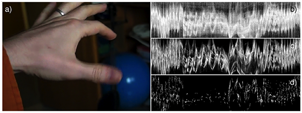 Examples of how filtering the motion image influences the motiongram: (a) screenshot from the original video recording, (b) no filtering, no noise reduction, (c) low-pass filtering, (d) low-pass filtering and noise reduction.