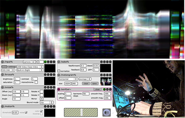 A performance patch using various video effects to modify the motiongram, and hence the output sound. The visual result from changing various video parameters can be seen in the motiongram at the top.