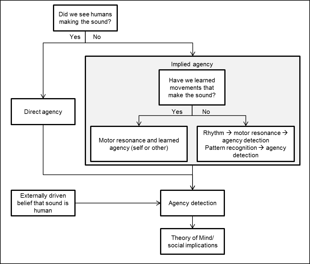 Pathway diagram showing various options for and beliefs that may influence a determination of agency for a given sound