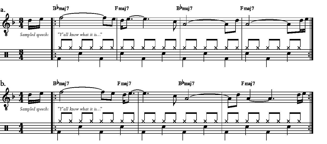 Image showing the musical notations for a bar of music transcribed in 3/4 and 4/4 time