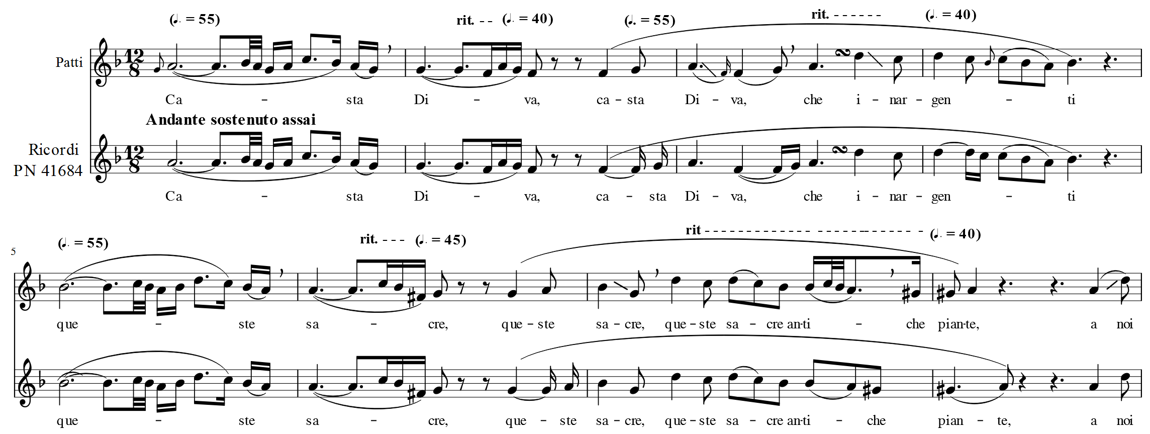 Figure 2 shows bars 1-15 of Patti's Casta Diva with emphasis on phrasing.