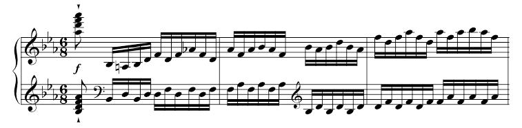 Musical notation showing three bars of music with bass and treble clef