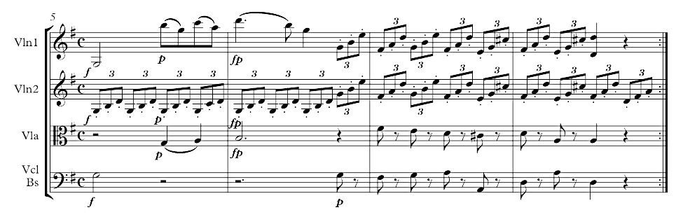 Musical notation showing four bars of music with two treble, a center, and a bass clef