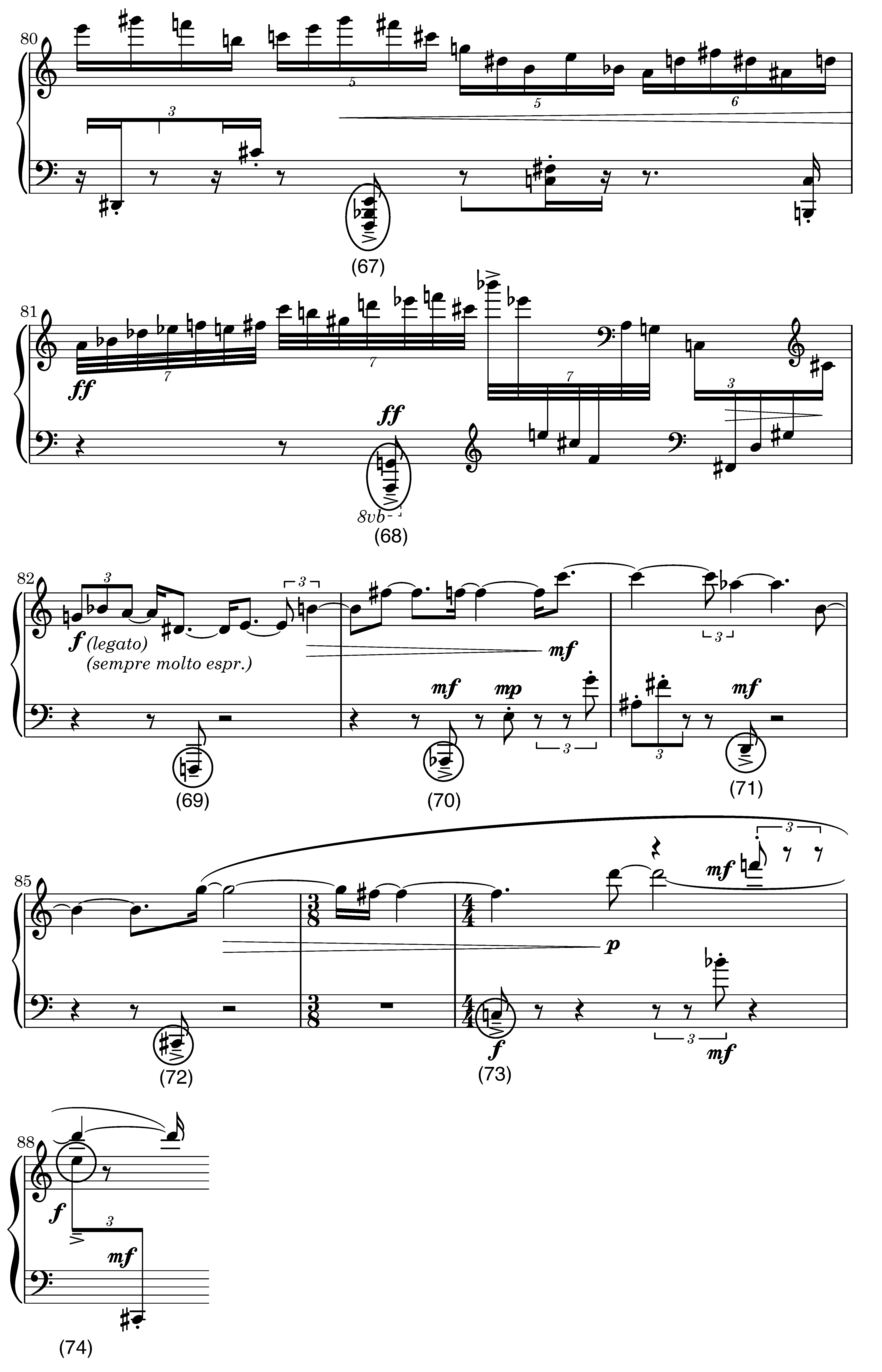 Musical notation for Elliott Carter's 90+ for piano (1994), mm. 80 to 88, fifth sixteenth note