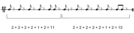 Diketo timeline in Western notation with the following text below: 2 + 2 + 2 + 2 + 1 + 2 = 11 2 + 2 + 2 + 2 + 2 + 1 + 2 = 13