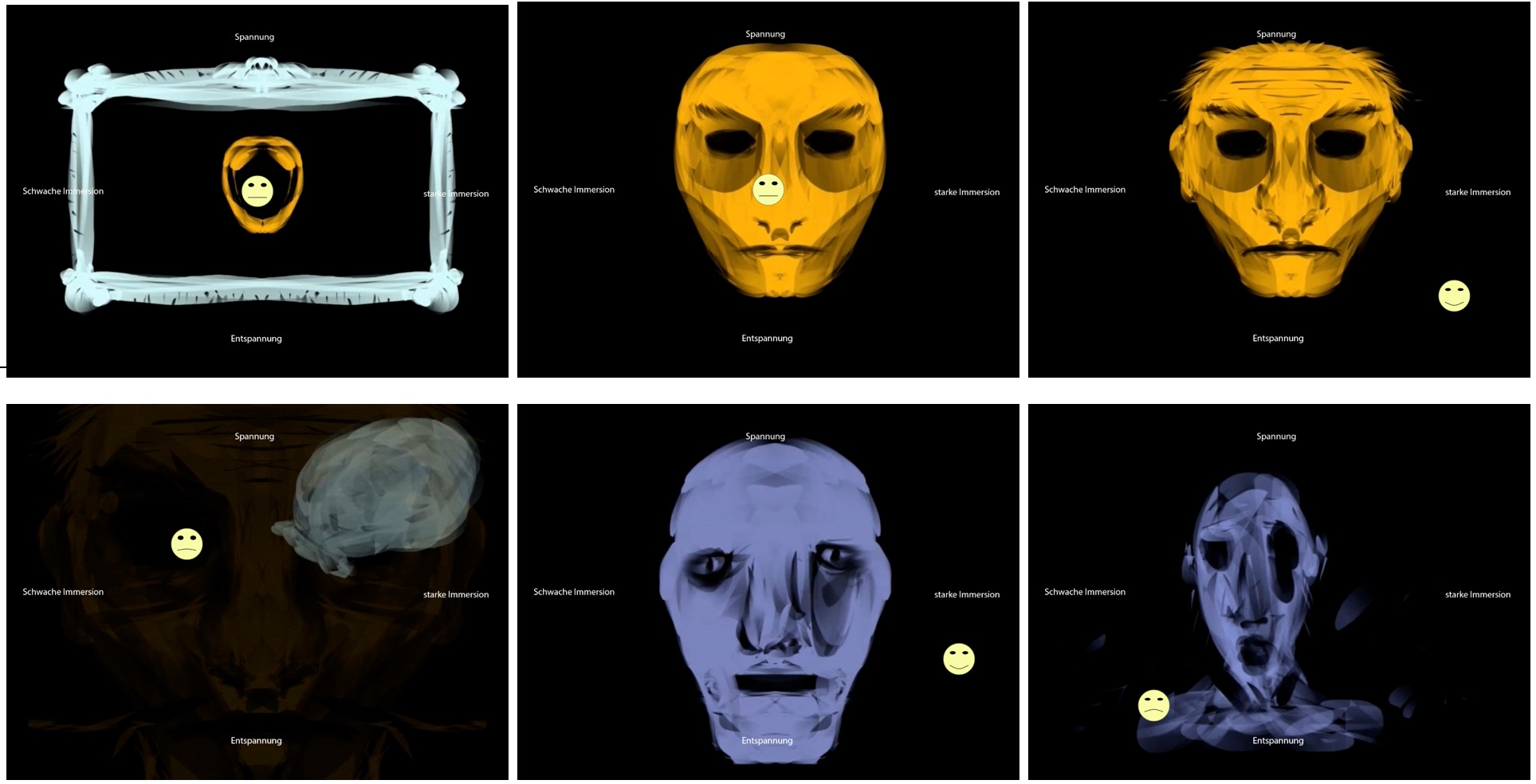 6 frames of an animated film with a yellow face and blue face on a black background. More description above and below.