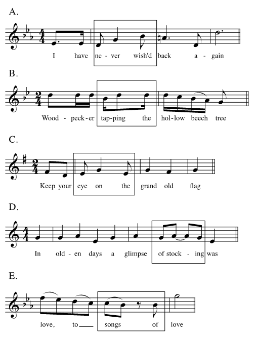 5 song phrases labeled A through E. More description above and below.