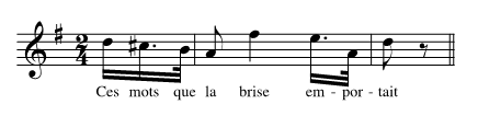French song passage showing 1 of only 2 instances of acute syncopation in any of the continental corpora. More description above and below.