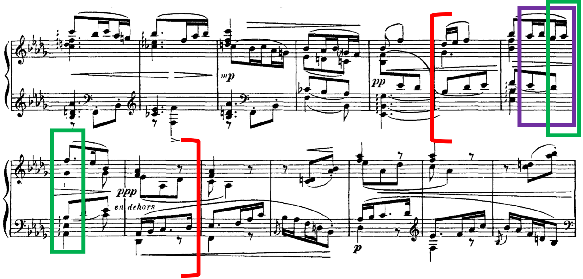 Two sets of staves containing a treble and bass clef. A portion of music is specifically identified within the staves. More in description below.