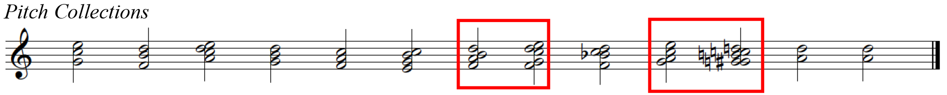 A staff with a treble clef. Two portions of music are specifically identified within the staff. More in description below.