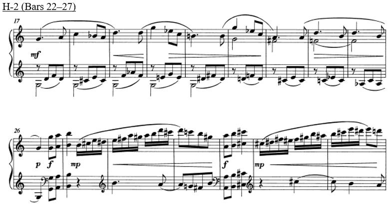 H-12 (Bars 22-27) contains two sets of staves with treble clefs on each set.