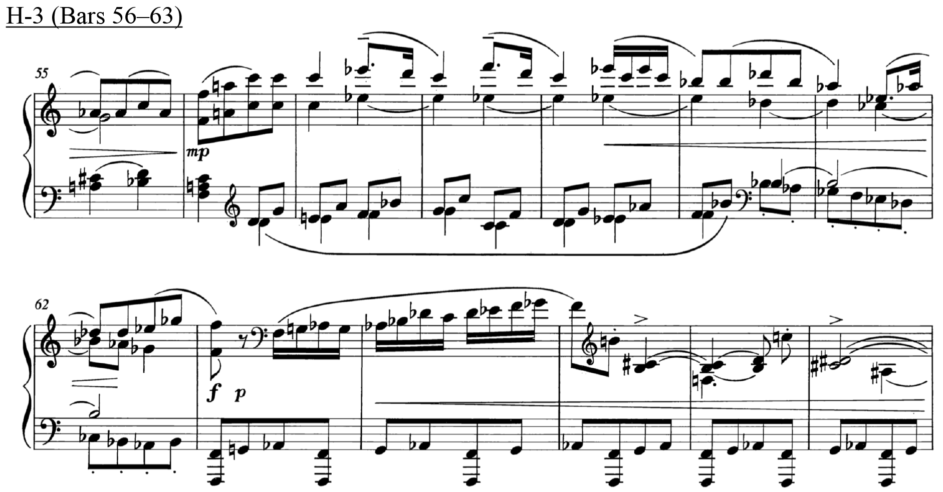 H-3 (Bars 56-63) contains two sets of staves with a treble and bass clef on each set.