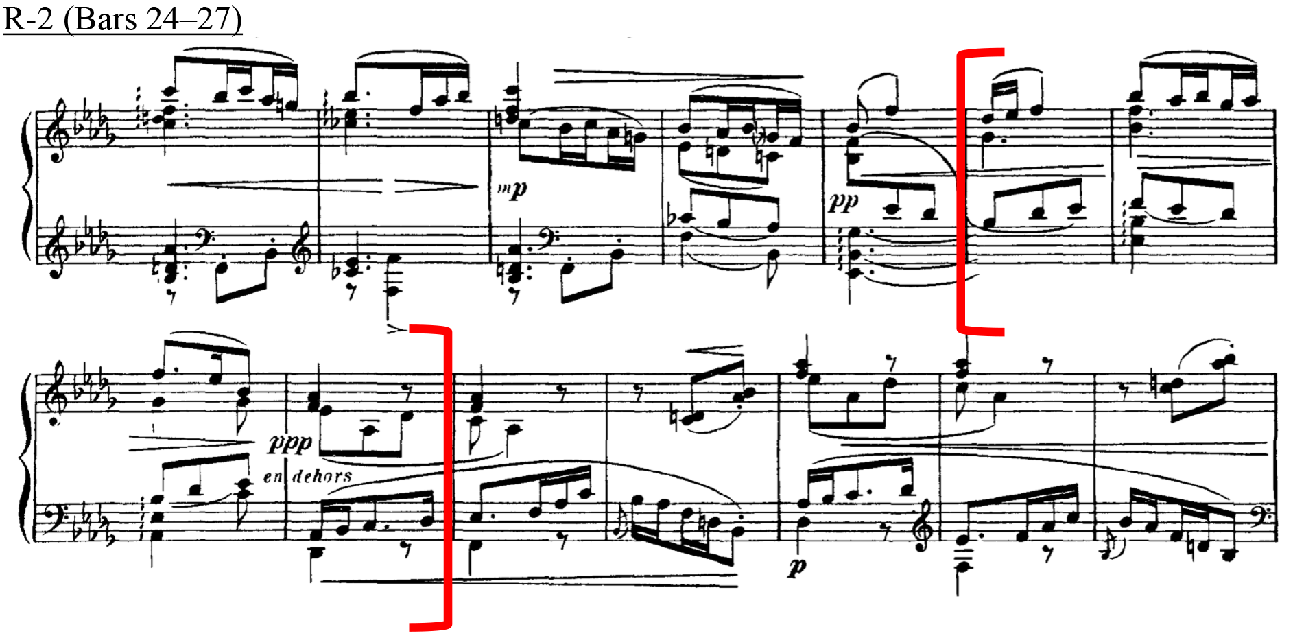 R-2 (Bars 24-27) contains two sets of staves. One set with treble clefs and another with a treble clef and bass clef. A portion of music is specifically identified within the staves.